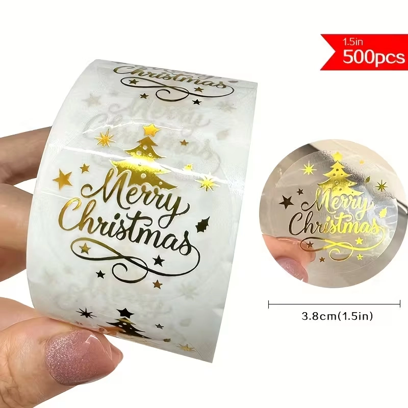 Sluitstickers grotere kerstetiketten Chique Merry Christmas Goudfolie Transparant rond etiket 3.8 cm rol 500 labels 