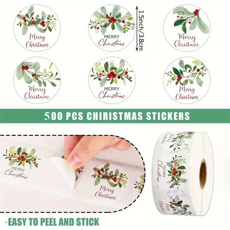 Sluitstickers grotere kerstetiketten Merry Christmas Hulst Botanical rond etiket 3.8 cm rol 500 labels 