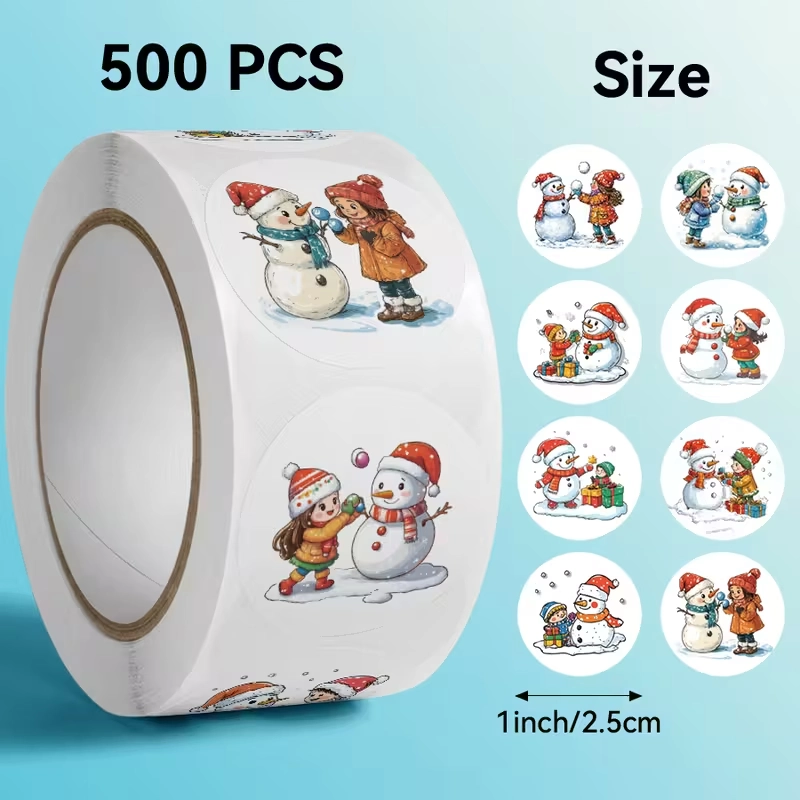 Sluitstickers kerstetiketten Kerststickers Kind & Sneeuwpop rond etiket 2,5 cm rol 500 labels  