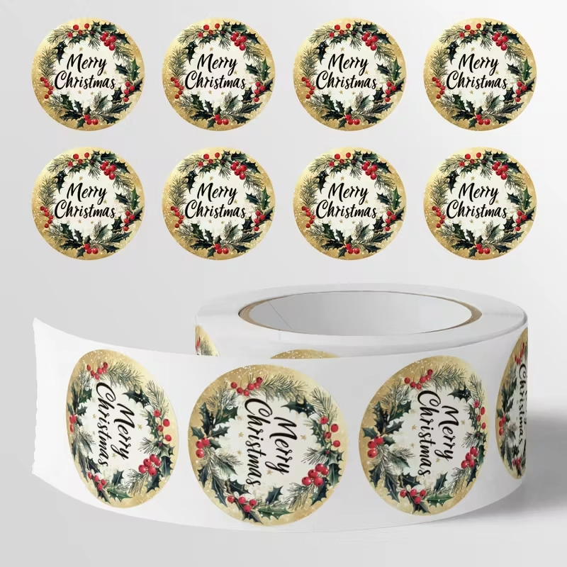 Sluitstickers kerstetiketten Merry Christmas Hulstblad rond etiket 2,5 cm rol 500 labels 