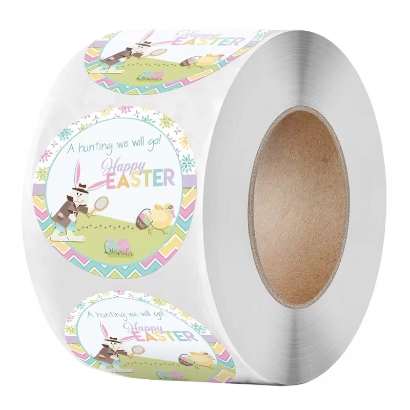 Sluitstickers Paashaas a Hunting Happy Easter pasen voorjaar rond etiket 2,5 cm rol 500 labels 