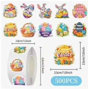 Sluitstickers Paashaas Happy Easter pasen  etiket 2,5 cm rol 500 labels