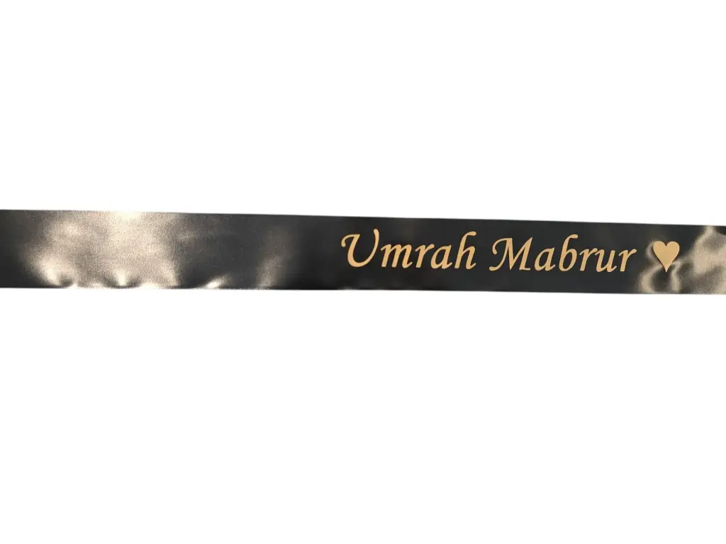 Hadj en Umrah Boeket hanglint met eigen Matgouden opdruk Zwart 45 mm x 50 cm