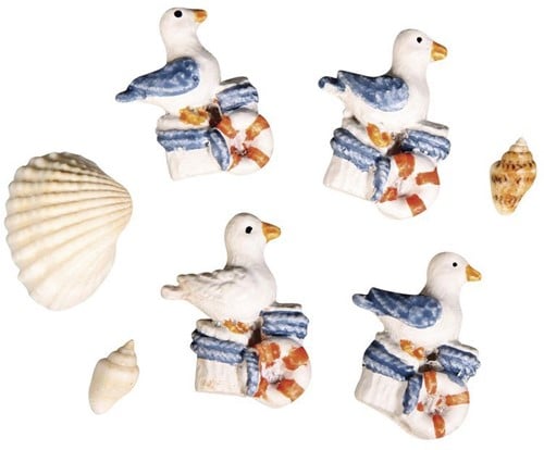 [A-012412] Meeuwen en Schelpen Polyresin Maritiem 0,8-2,7 cm Set 4 stuks
