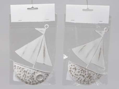 [A-013243] Zeilschip Wit Metaal Hanger Maritiem 11x22 cm