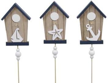 [A-017024] Maritiem houten bijsteker Strandhuisjes 8. 5x11,5cm Pak3 strandhuisje