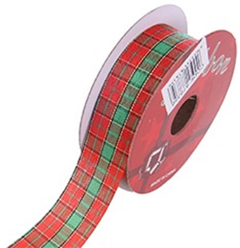[A-016585] Kerstlint Tartan Rood Groen Goud 25 mm rol 9 meter
