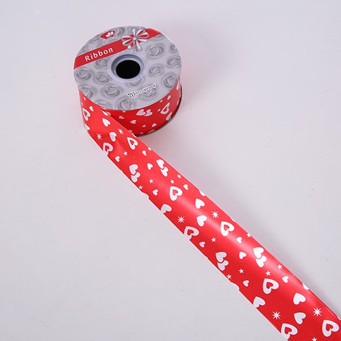 [A-017526] Poly Ribbon ROOD + WITTE HARTJES 50mm/100yard Scheur cadeaulint