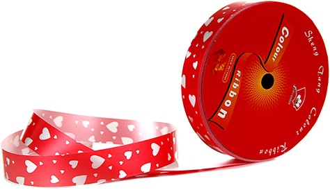[A-017532] Lint 18mm POLY satijn X 20 YARDS rood WITH zilver HEARTS Scheurlint