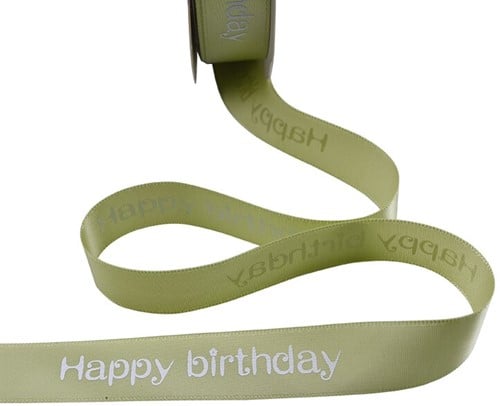 [A-019840] Satijnlint bedrukt Happy Birthday Groen 5 meter