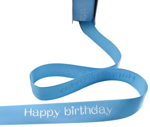 [A-019841] Satijnlint bedrukt Happy Birthday Skyblue 5 meter