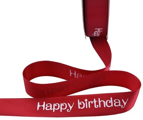 [A-019842] Satijnlint bedrukt Happy Birthday Rood 5 meter
