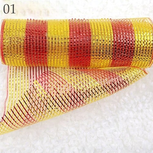 [A-022881] Decomesh Metallic Rood Geel rode streep 26 cm rol 9 meter voor kransen en inpakken