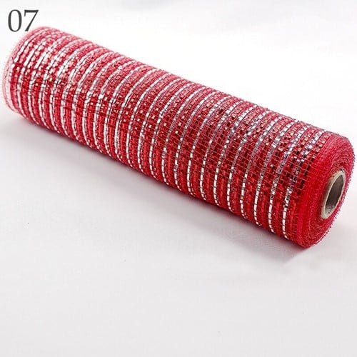 [A-022884] Decomesh Metallic 07 Rood Zilverstreep 26 cm rol 9 meter voor kransen en inpakken
