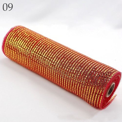 [A-022886] Decomesh Metallic 09 Rood Goud streep 26 cm rol 9 meter voor kransen en inpakken