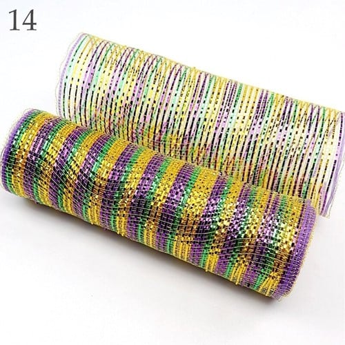 [A-022891] Decomesh Metallic 14 Paars Geel Groen strepen 26 cm rol 9 meter voor kransen en inpakken