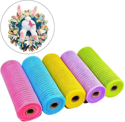 [A-024621] Decomesh Metallic Set Roze Blauw Geel Paars Groen 26 cm rol 9 meter 5 rollen voor kransen en inpakken