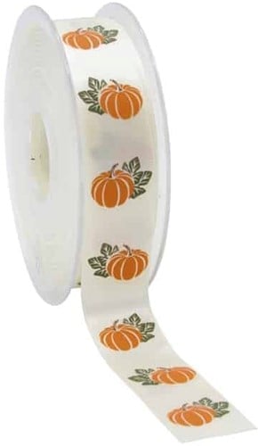 [A-024866] Enkelzijdig Satijn lint Herfst Pompoen Ivoor 23 mm per meter