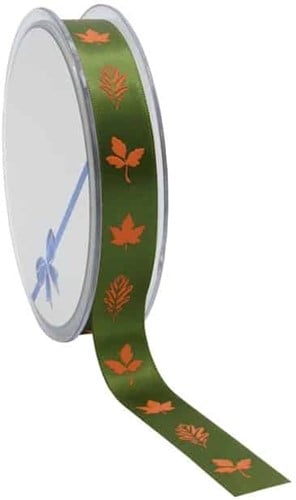 [A-024868] Enkelzijdig Satijn lint Herfst Autumn Leafs Groen met Oranje blad 15 mm per meter