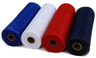 [A-025389] Decomesh Metallic Set Rood Wit Blauw Donkerblauw 26 cm rol 9 meter 4 rollen voor kransen en inpakken