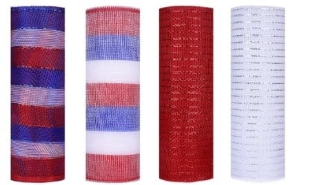 [A-025393] Decomesh Metallic Set Rood Wit Rood Wit Blauw gestreept 26 cm rol 9 meter 4 rollen voor kransen en inpakken