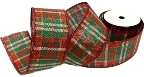 [A-025606] Kerstlint Tartan Burlap Wired Edge Rood Groen 63 mm rol 9 meter