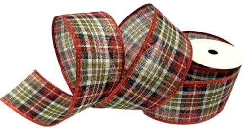 [A-025607] Kerstlint Tartan Burlap Wired Edge Rood Groen 63 mm rol 9 meter