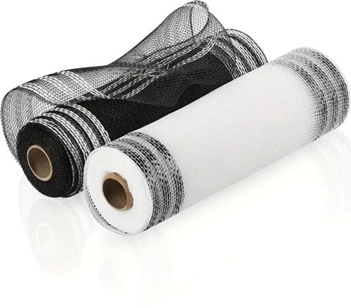 [A-027325] Decomesh Metallic Set Zwart Wit en Wit Zwart 26 cm rol 9 meter 4 rollen voor kransen en inpakken