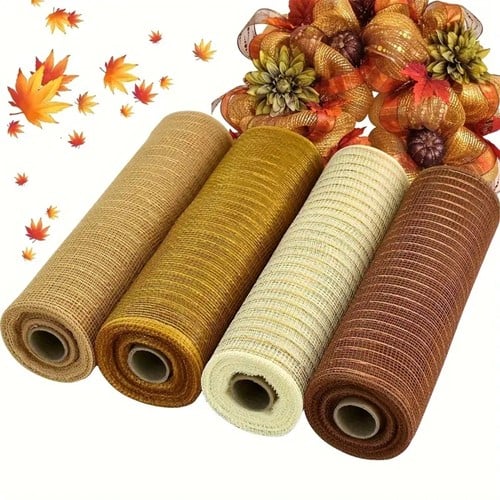 [A-027326] Decomesh Metallic Set Goud en Crèmetinten 26 cm rol 9 meter 4 rollen voor kransen en inpakken