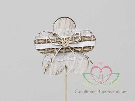 [A-010718] Houten Bloemen Naturel look op stok 8x8 cm 6 stuks