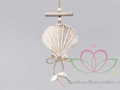 [A-011891] Houten deco Schelp schelpenhanger 9-8 cm