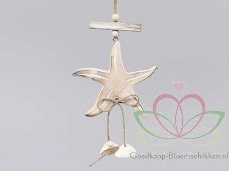 [A-011893] Houten deco Zeester schelpenhanger 10 cm