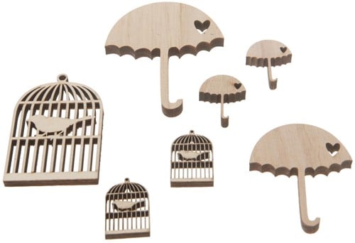 [A-012920] Houten Parapluutjes en vogelkooitjes 2,5–7 cm figuurtjes