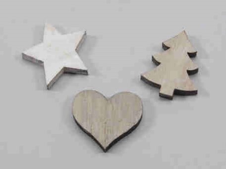 [A-014195] Houten decoratie Hart Ster Boom 3 cm 24 stuks kleinverpakking
