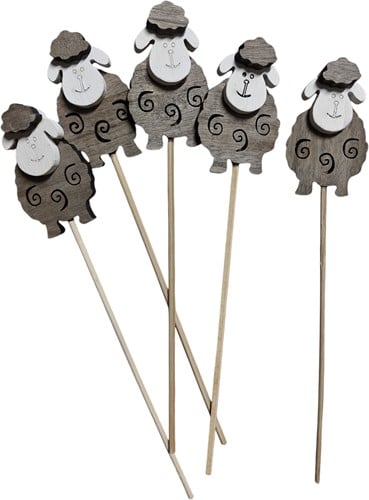 [A-015161] Bijsteker houten schaap ca. 8 cm op stok 5 stuks