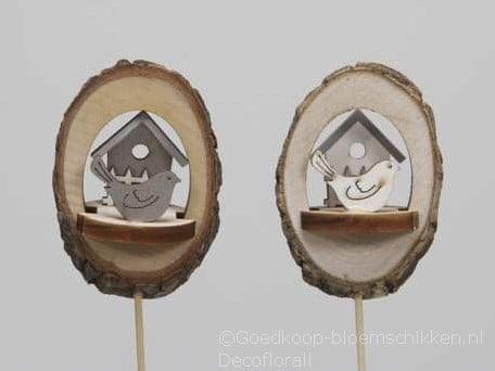 [A-015312] Houten boomschijf bijsteker Vogelhuisje 3D 8 stuks