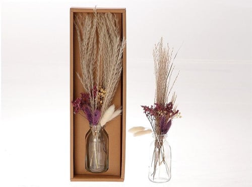 [A-022644] Droogbloemen arrangement in geschenkdoos incl. fles Natural/Milka