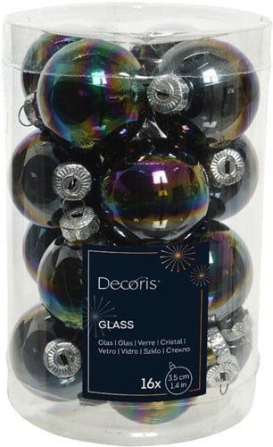 [A-027068] Kerstballen Glas Zwart Iris Shiny Glans 3.5 cm koker 16 stuks