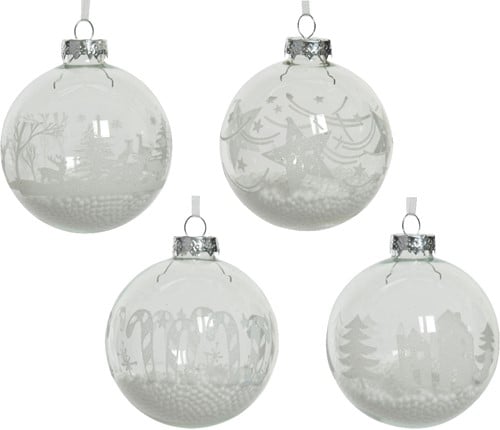 [A-027076] Kerstballen van Glas Transparant Kerstprint Snowflake etc  8 cm / per doos 12 stuks Gevuld met sneeuw