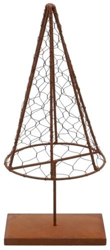 [A-027251] Metalen frame Kerstboom kerstmuts gnome op voet Rusty met gaas 33 cm