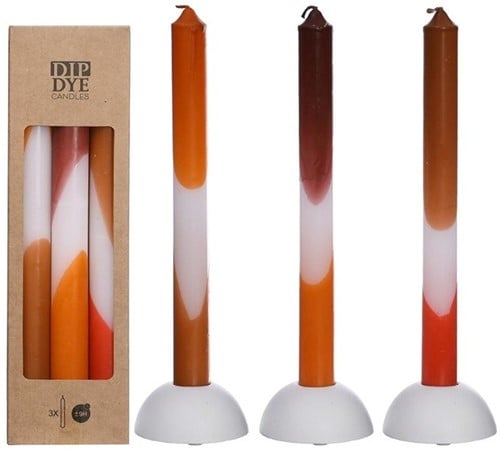 [A-023352] Kaarsen Dip Dye Oranje Bruin 24 cm Ø2,5 set 3 stuks