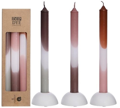 [A-023353] Kaarsen Dip Dye Pink Olive 24 cm Ø2,5 set 3 stuks