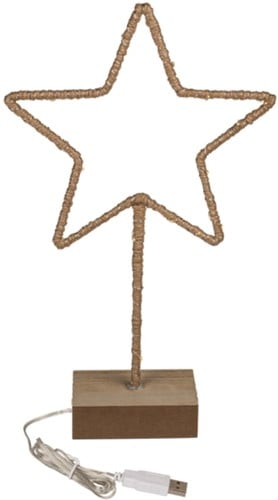 [A-024964] Metalen Frame Ster met jute op voet 20x35 cm met USB-kabel 1 stuk