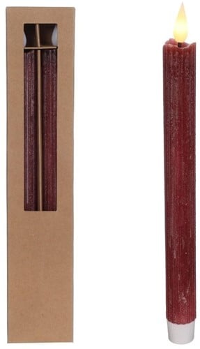 [A-025082] LED Kaars Pencil Burgundy 25 cm Ø2,1 set 2 stuks