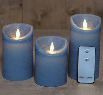 [A-025728] LEDkaars 3D Flame Candle Rustiek Denim Blue Anna's Collection met afstandsbediening 7,5x10/12,5/15 cm 3 stuks