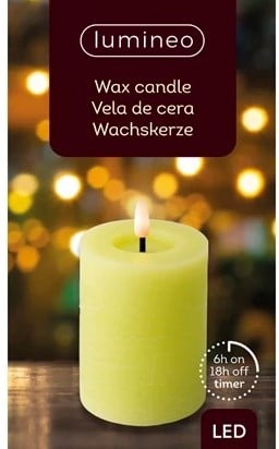 [A-025834] LEDkaars Wax Steady Binnen Lumineo Groen Warm Wit Ø7 cm H 11,5 cm per stuk