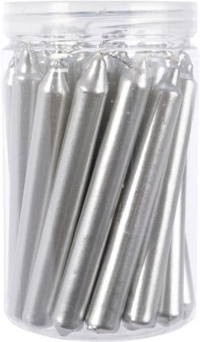 [A-027087] Kaarsen Dinner Wax Kort Dun Metallic Zilver 10,5 cm Ø1,3 koker 22 stuks