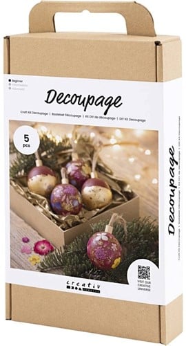 [A-024948] DIYkit Pakket Hobbyset Kerstballen decoupage met droogbloemen set 5 stuks