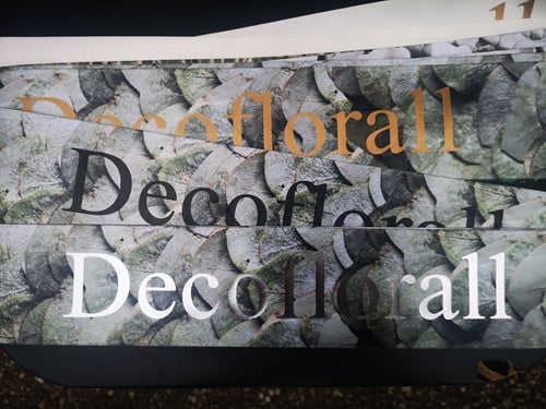 [A-022616] Bedrukt lint Greenleaf Eucalyptus met Metallic Zilveren opdruk 70 mm 80 cm