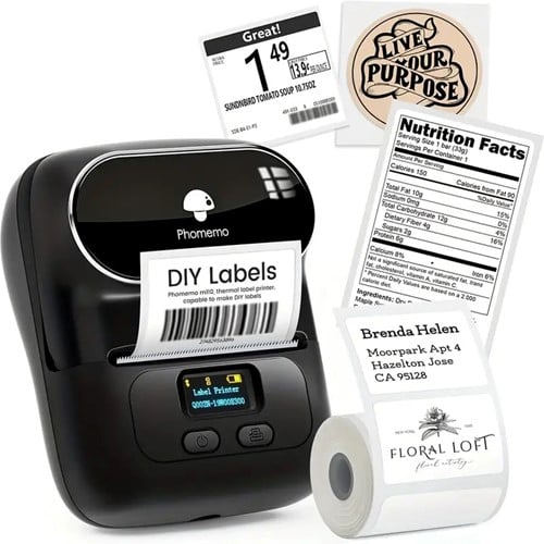 [A-025855] Labelprinter Phomemo M110 Labelmaker incl software en gratis startRol / st Print labels vanaf je computer, tablet of telefoon EN Zonder inkt